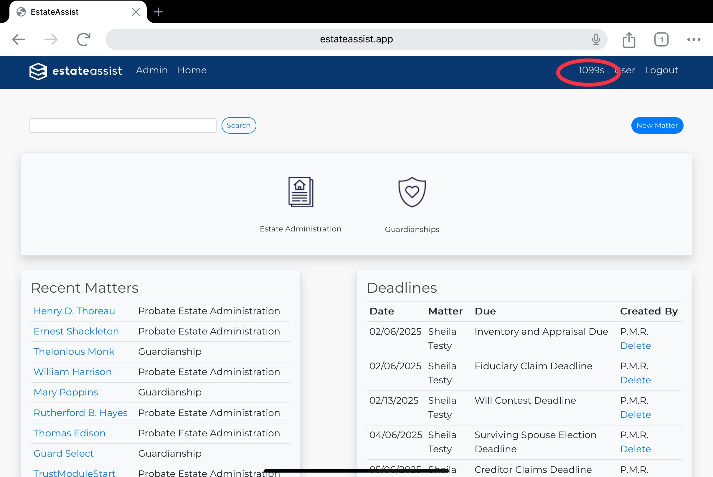 The EstateAssist dashboard with the new 1099s link circled in the top navigation