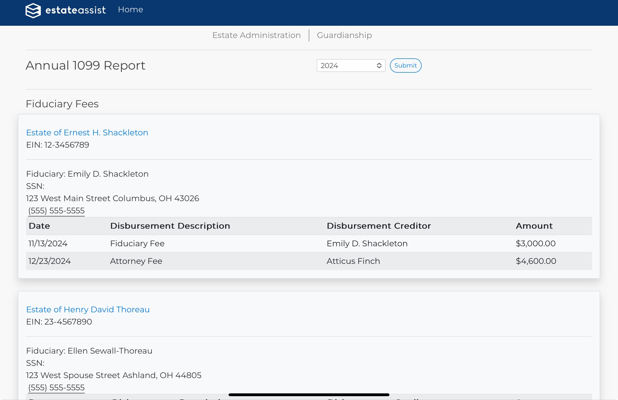 The Annual 1099 Report listing fiduciary and attorney fee payments for 2024