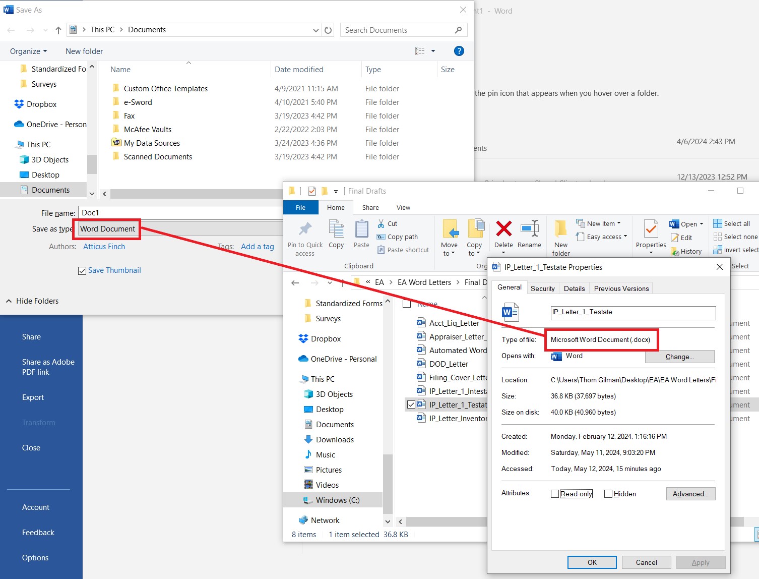 Word's Save As dialog set to Word Document, and a letter's file properties showing Microsoft Word Document (.docx)