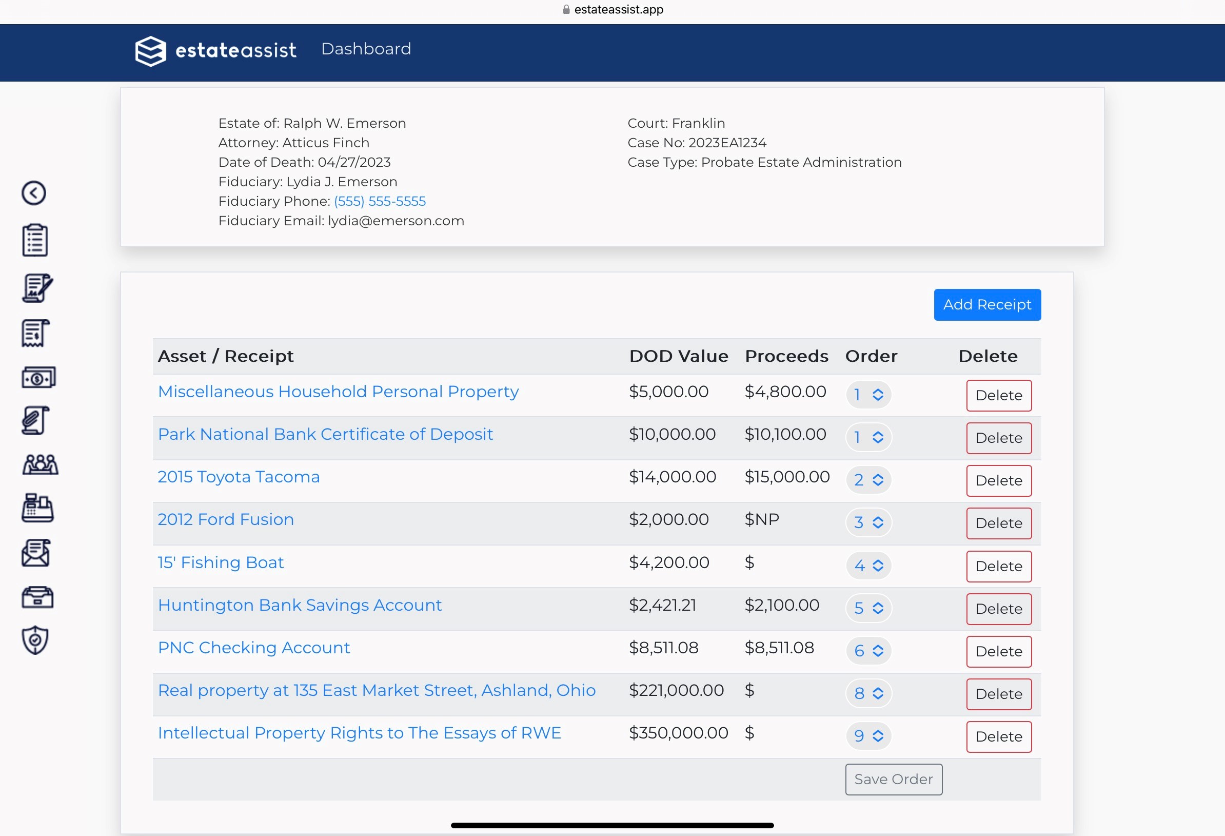 The Receipts screen with an Order dropdown beside each receipt and a Save Order button