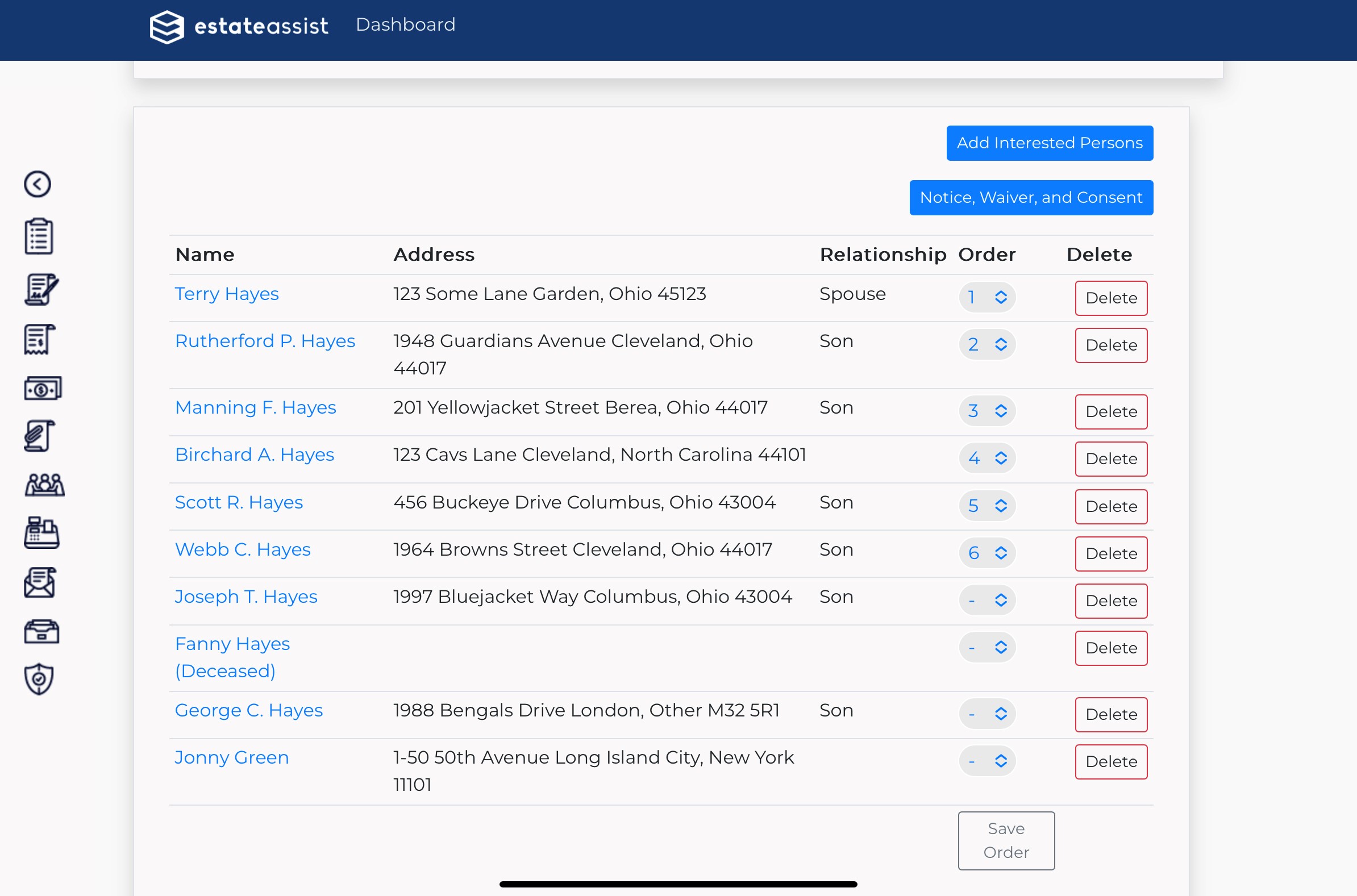 The Interested Persons screen with an Order dropdown beside each person and a Save Order button