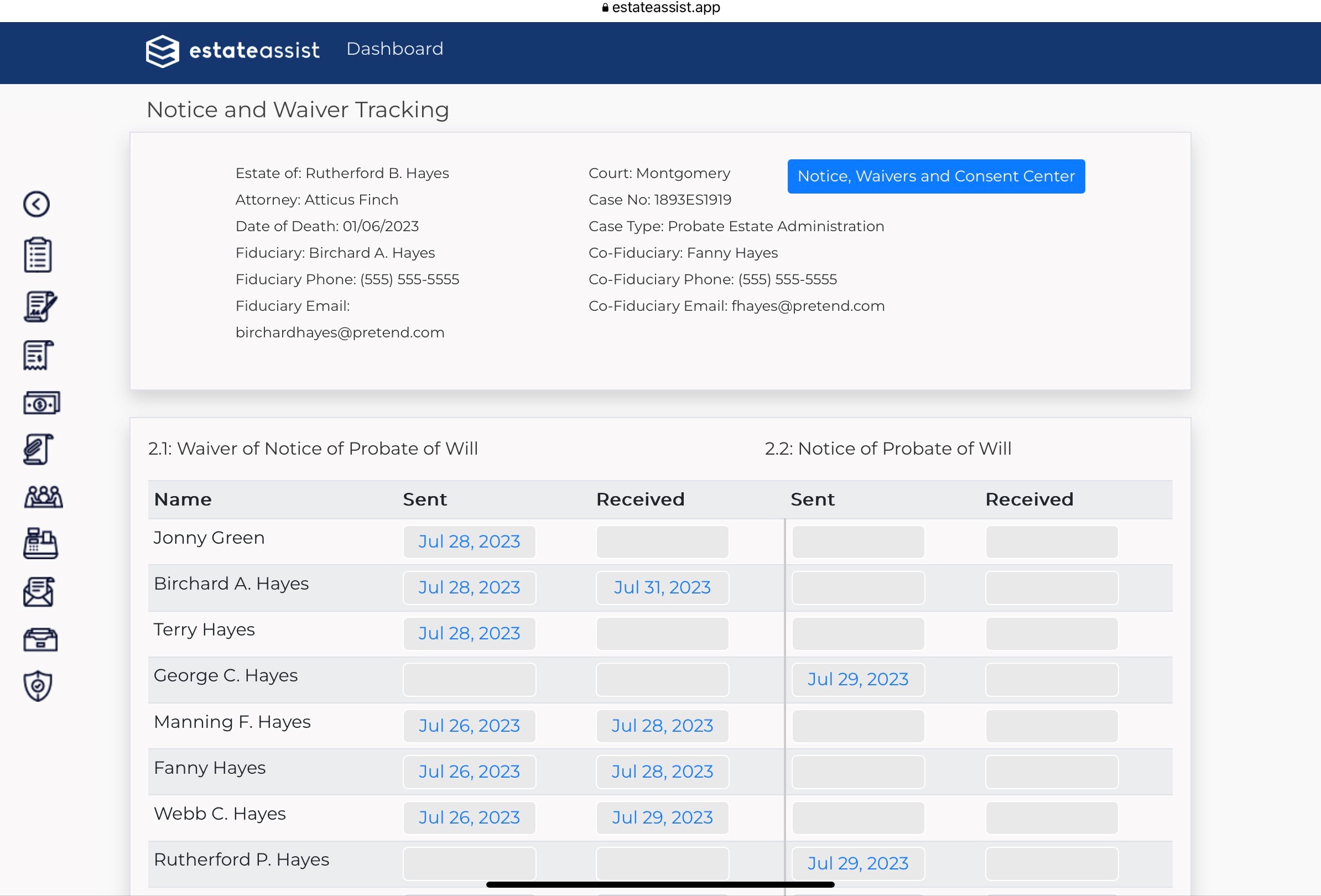 Screenshot: Notice and Waiver Tracking