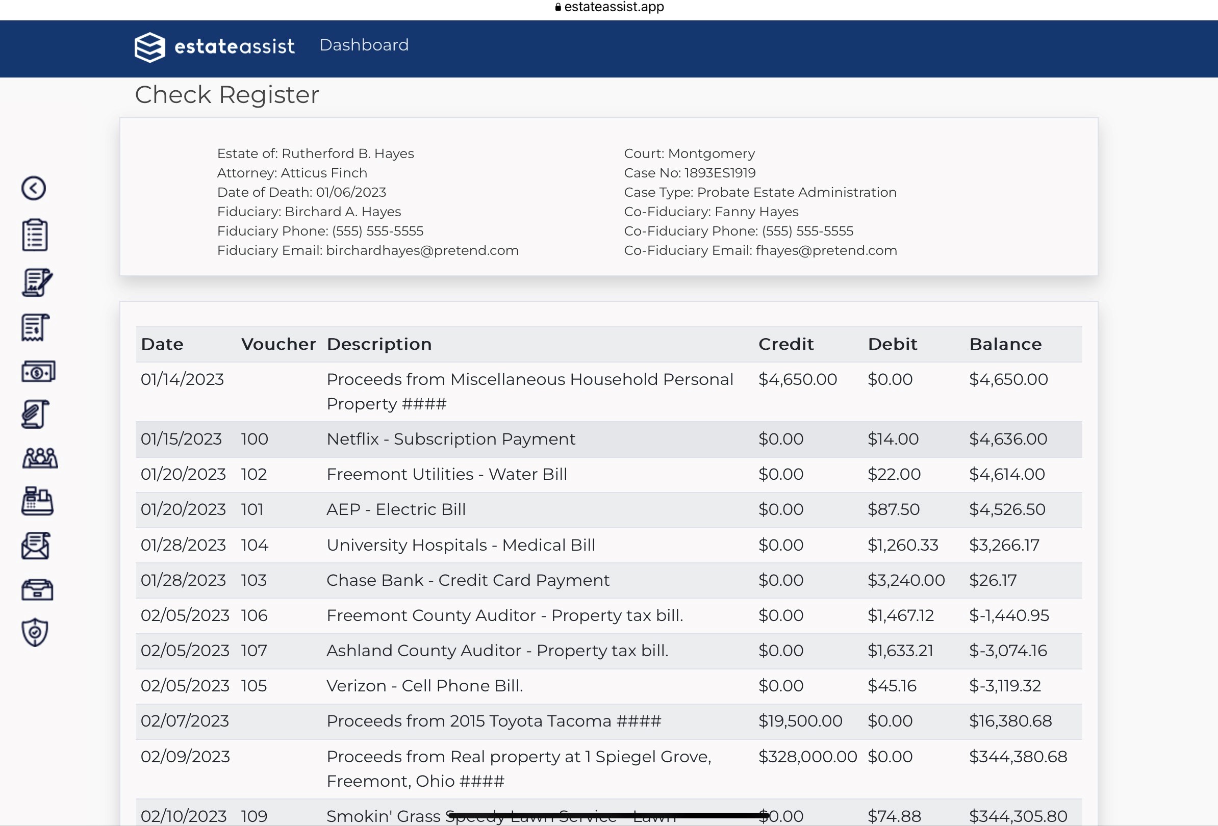Screenshot: Automated Estate Account Register and Reconciliation